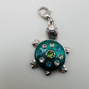 Silver Tone Green Enamel Turtle Charm Pendant with Blue and Clear Rhinestones